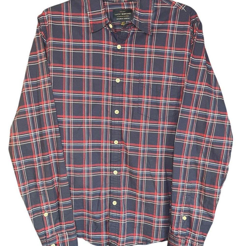 Lucky Brand Men’s Red and Blue Casual Button Down Shirt Size Small